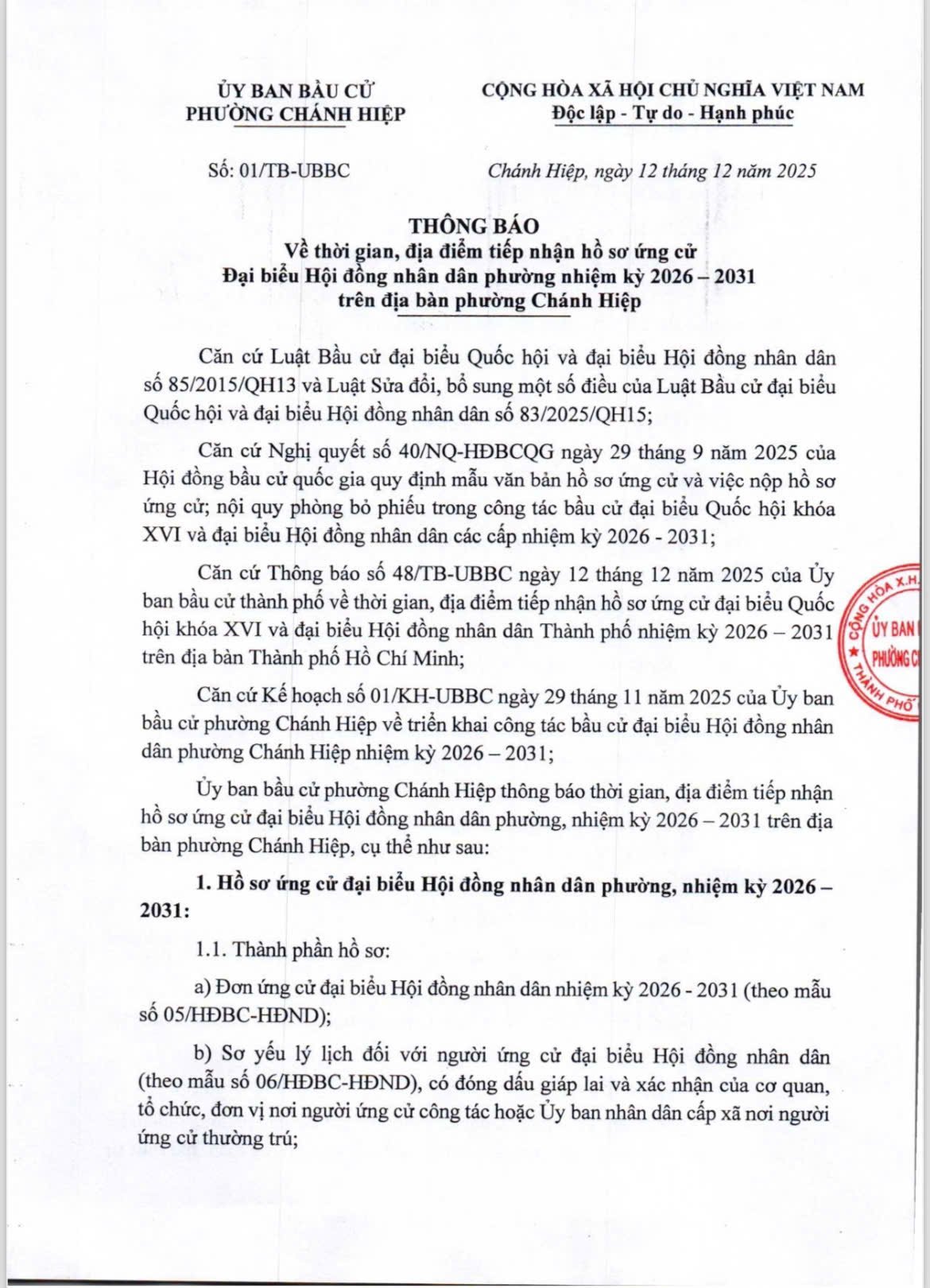 Phường Chánh Hiệp thông báo về thời gian, địa điểm tiếp nhận hồ sơ ứng cử Đại biểu Hội đồng nhân dân phường nhiệm kỳ 2026 - 2031 trên địa bàn phường Chánh Hiệp