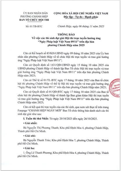 PHƯỜNG CHÁNH HIỆP CÔNG BỐ DANH SÁCH THÍ SINH ĐẠT GIẢI HỘI THI TRỰC TUYẾN HƯỞNG ỨNG "NGÀY PHÁP LUẬT VIỆT NAM 09/11" NĂM 2025