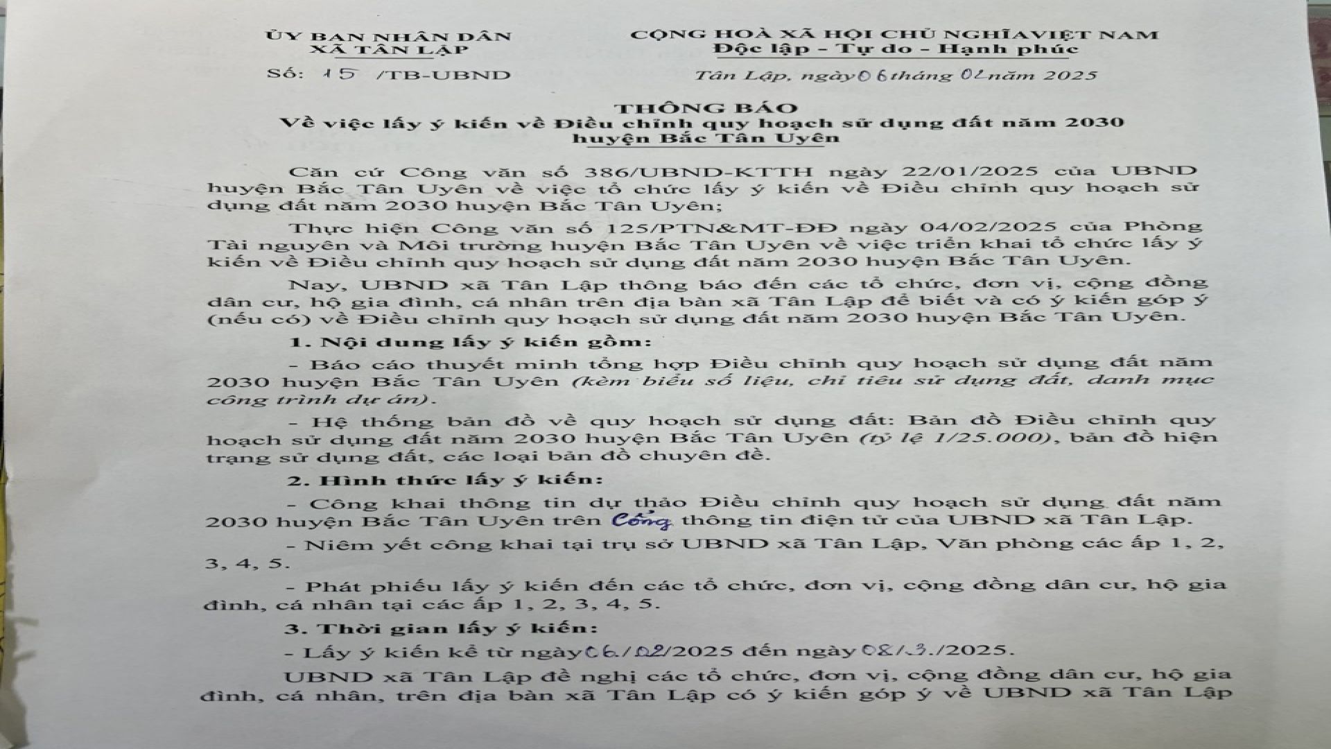 Thông báo về việc lấy ý kiến về Điều chỉnh quy hoạch sử dụng đất năm 2030 huyện Bắc Tân Uyên