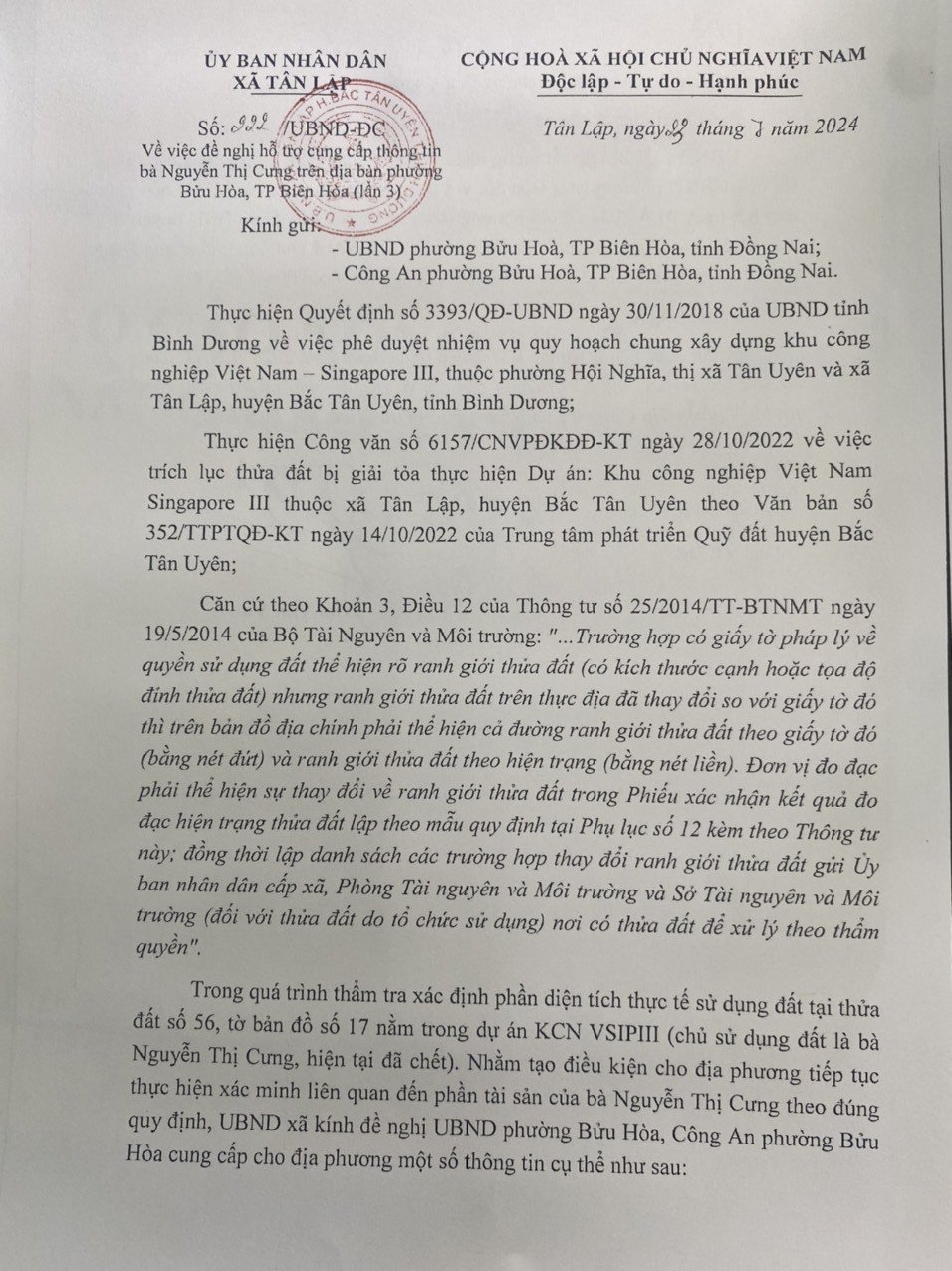 CÔNG VĂN Về việc đề nghị hỗ trợ cung cấp thông tin bà Nguyễn Thị Cưng trên địa bàn phường Bửu Hòa, TP Biên Hòa (lần 3)