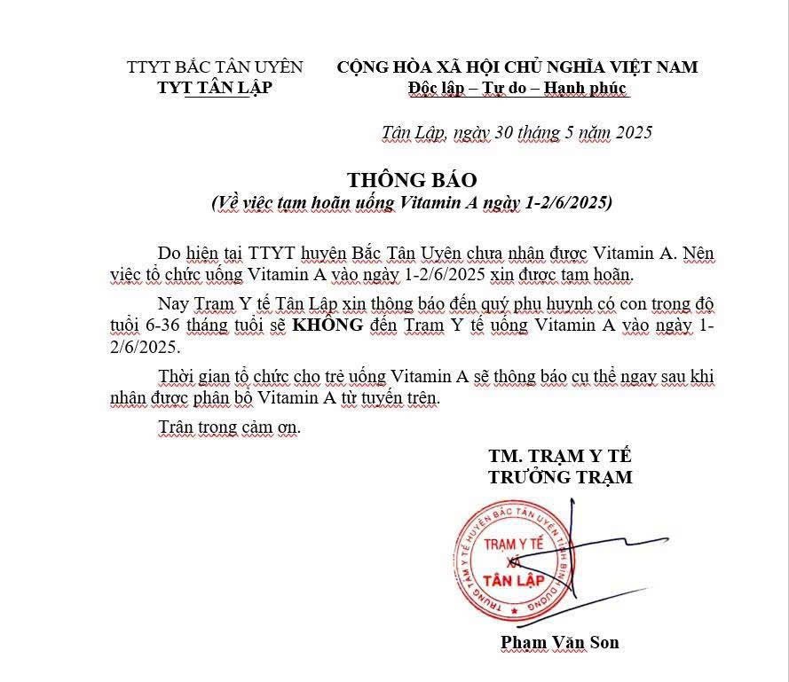 Thông Báo Tạm hoãn uống vitamin A Ngày 1-2/6/2025
