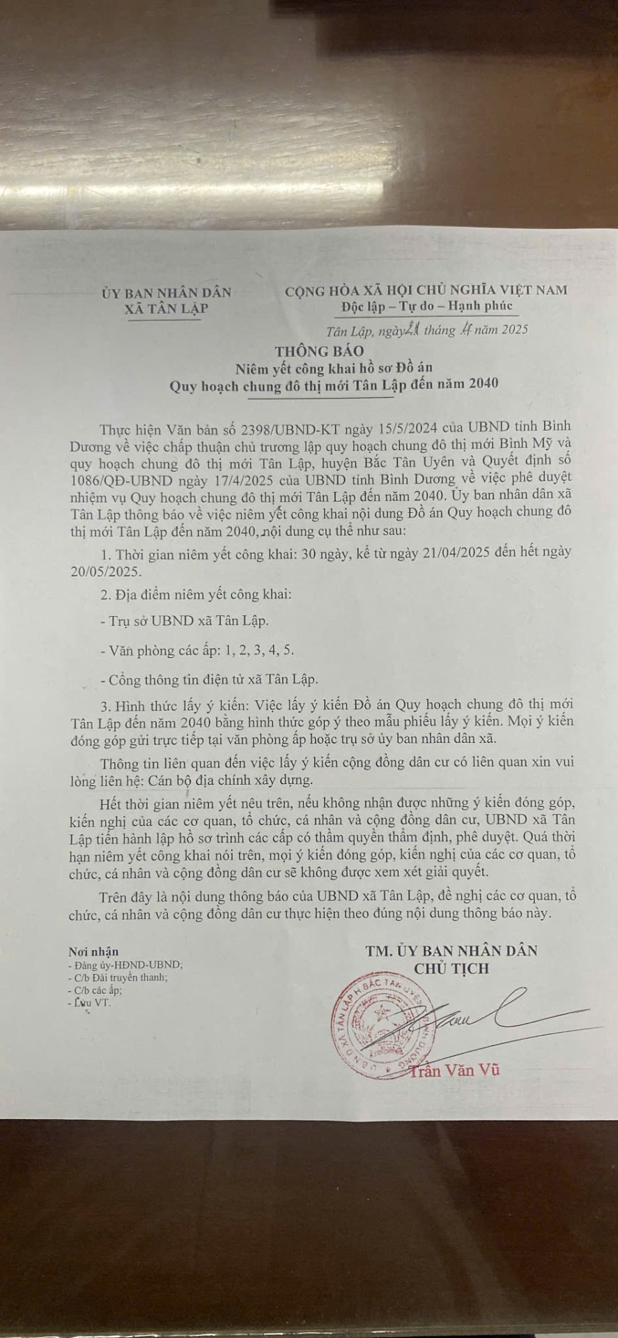Thông báo niêm yết công khai hồ sơ Đồ án Quy hoạch chung Đô thị mới Tân Lập đến năm 2040