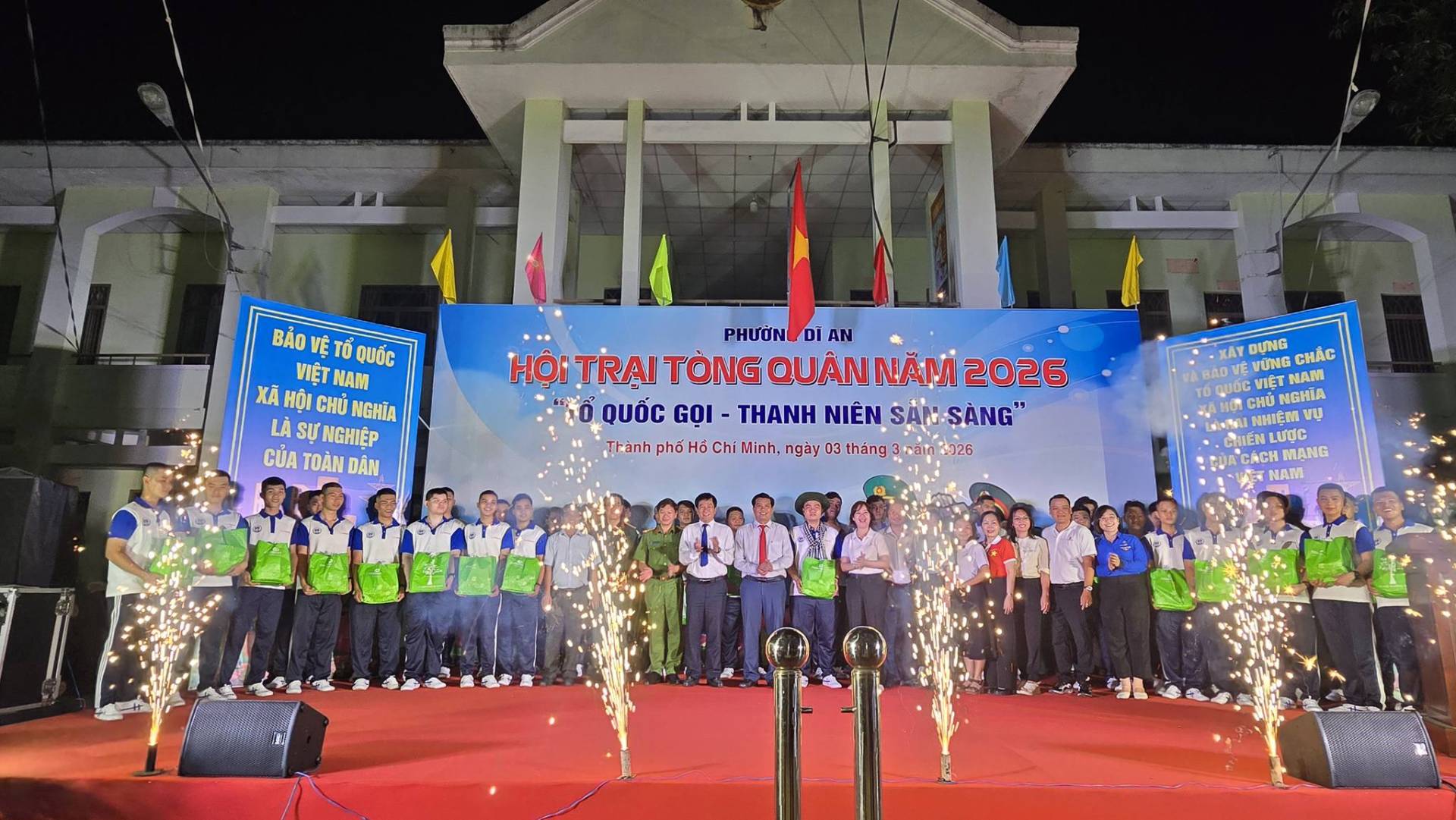 C&oacute; thể l&agrave; h&igrave;nh ảnh về ph&aacute;o hoa v&agrave; văn bản cho biết 'BẢO VỆT QUỐC VIỆT NAM X&Atilde; HỘI CHỦ NGHĨA SU NGHIỆP CỦA TO&Agrave;N D&Acirc;N PHƯỞN DI AN HỘI TRẠI T&Ocirc;NG HỘ*TRAITONGQU&Aacute;NNAM2025 QUAN NĂM 2026 "TỔ QUỐC GỌI - THANH NI&Ecirc;N SAN S&Agrave;NG" Th&agrave;nh ph&uacute; Hό Hồ Ch&iacute; Minh. ng&agrave;y 03 th&aacute;ng &laquo;&Iota;T 3026 XAY DUNG CHAC &nu;E onoc NAM NGHIA โด่ขรด NHIỆM ด้นเยิม LƯỢC NUA CACH MẠNG NAM NAM'