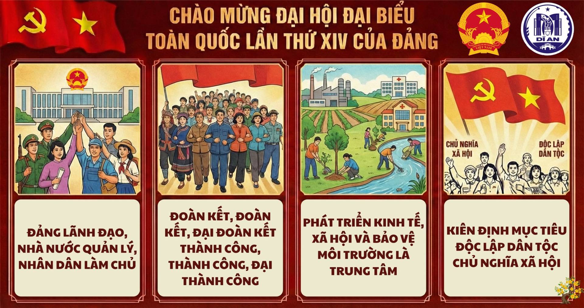 Có thể là hình ảnh về văn bản cho biết 'ん CHÀO MỪNG ĐẠI HỘI ĐẠI BIẾU TOÀN QUỐC LẦN THỨ χιν CỦA ĐẢNG D কकि DNE 쉿 CHỦ NGHĨA XÃ HỘI ĐỘC ẬP DẦN DẮNTỘC TỘC ĐẢNG LÃNH ĐẠO, NHÀ NƯỚC QUẢN Lv, NHÂN DÂN LÀM CHỦ ĐOÀN KẾT, ĐOÀN KẾT, ĐẠI ĐOÀN KẾT THÀNH CÔNG, THÀNH CÔNG, ĐẠI THÀNH CÔNG PHÁT TRIỂN KINH TẾ, XÃ HỘI VÀ HIVÀBẢOVỆ BẢO VỆ MÔI TRƯỜNG LÀ TRUNG TÂM KIÊN ĐỊNH MỤC TIÊU ĐỘC ĐỘCLẬP ĐỘCLẬPDÂNTỘC LẬP DÂN TỘC CHỦ NGHĨA XÃ HỘI'