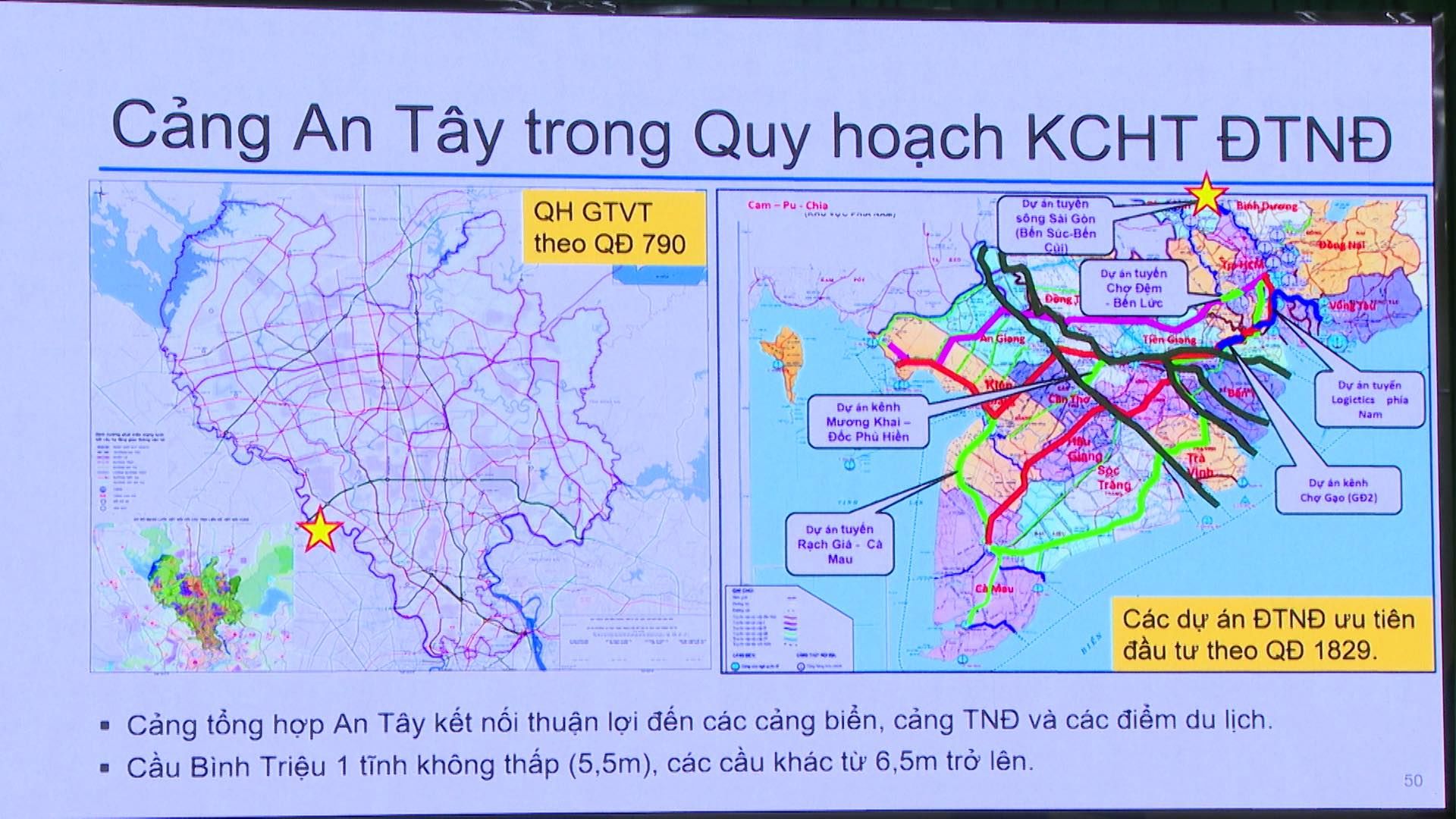 Có thể là hình ảnh về bản đồ và văn bản cho biết 'Cảng An Tây trong Quy hoạch KCHT ĐTNĐ QH GTVT theo QĐ 790 sông Gon Can ovan tuyềın Dêm BenLie DỤan kênh Mưong Mương Khai Khai- Hiên Dyăn เบลัก Legleties shis antuyên tuyền Rach Già. Ca Mau Cho Cảng tổng hợp An Tây kết nối thuận lợi đến các cảng biển, cảng TNĐ và các điềm du lịch. Cầu Bình Triệu 1 tĩnh không thấp (5,5m), các cầu khác từ 6,5m trở lên. Các dự án ĐTNĐ ưu tiên đầu tư theo QĐ 1829.'