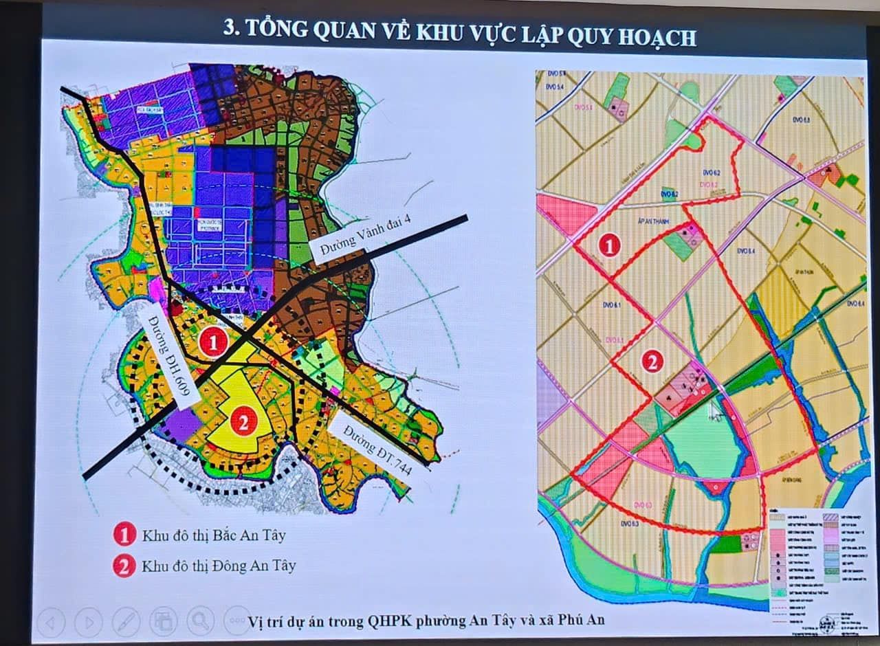 Có thể là hình ảnh về bản đồ và văn bản cho biết '3. TỔNG QUAN VỀ KHU VỰC LẬP QUY HOACu IM P o6лa Vành đai 4 Đường 0M042 WOS عد IPATHCON ·。 1 DVGLA 1 DH 609 palG DOA DOLA 2 2 اساتق Đường ĐT.744 1 Khu đõ thị Bắc An Tây 2 Khu đô thị Đông An Tây Vị trí dự án trong OHK phưởng An Tây V xã Phú An'