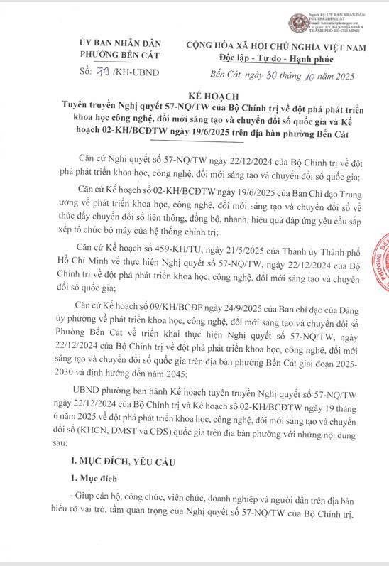 Tuyên truyền Nghị quyết 57-NQ/TW của Bộ Chính trị về đột phá phát triển khoa học công nghệ, đổi mới sáng tạo và chuyển đổi số quốc gia và Kế hoạch 02-KH/BCĐTW ngày 19/6/2025 trên địa bàn phường Bến Cát