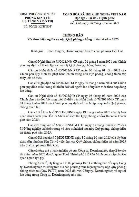 Thông báo về việc thực hiện nghĩa vụ nộp Quỹ phòng, chống thiên tai năm 2025