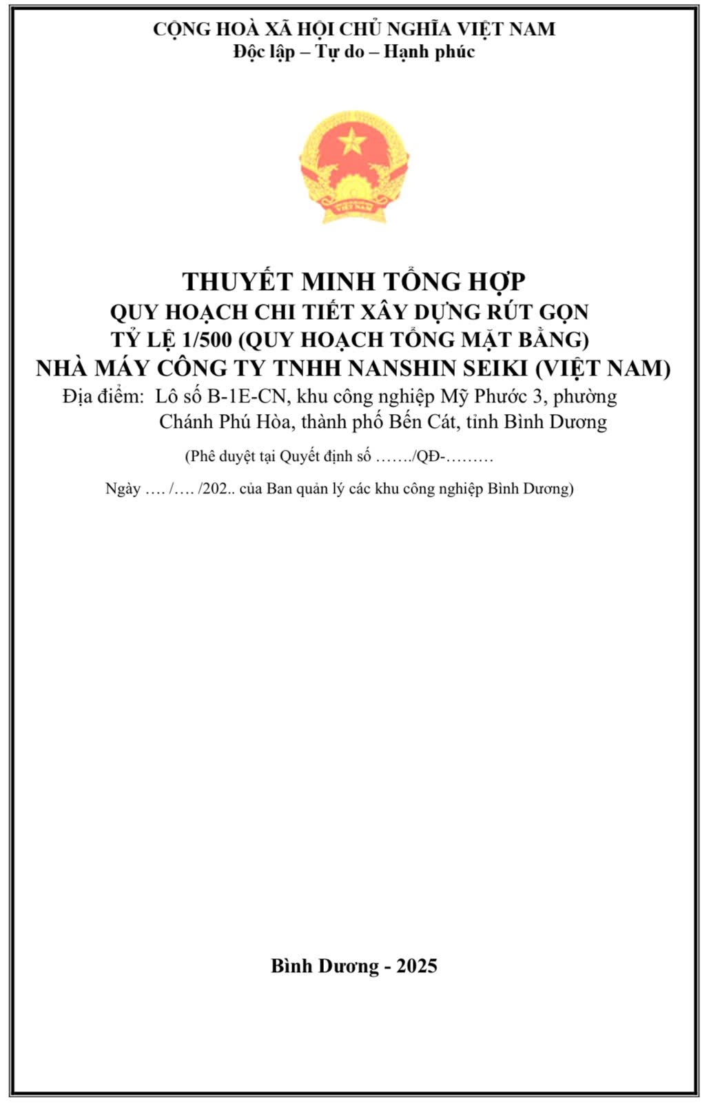 ÔNG BỐ CÔNG KHAI ĐỒ ÁN QUY HOẠCH CHI TIẾT XÂY DỰNG RÚT GỌN (QUY HOẠCH TỔNG MẶT BẰNG) TỶ LỆ 1/500 DỰ ÁN NHÀ MÁY CÔNG TY TNHH NANSHIN SEIKI (VIỆT NAM)