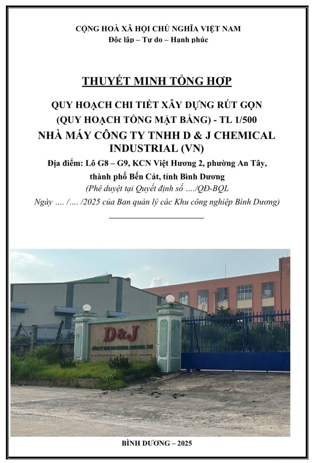 CÔNG BỐ CÔNG KHAI ĐỒ ÁN QUY HOẠCH CHI TIẾT XÂY DỰNG RÚT GỌN (QUY HOẠCH TỔNG MẶT BẰNG) TỶ LỆ 1/500 DỰ ÁN  CÔNG TY TNHH D&J CHEMICAL INDUSTRIAL (VN)