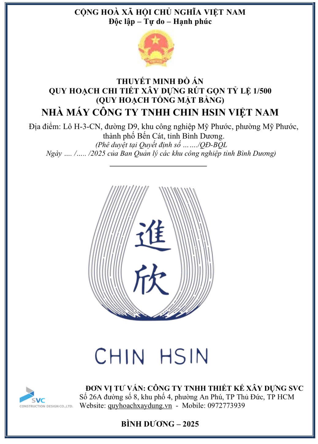 CÔNG BỐ CÔNG KHAI ĐỒ ÁN QUY HOẠCH CHI TIẾT XÂY DỰNG RÚT GỌN (QUY HOẠCH TỔNG MẶT BẰNG) TỶ LỆ 1/500 DỰ ÁN  CÔNG TY TNHH CHIN HSIN VIỆT NAM